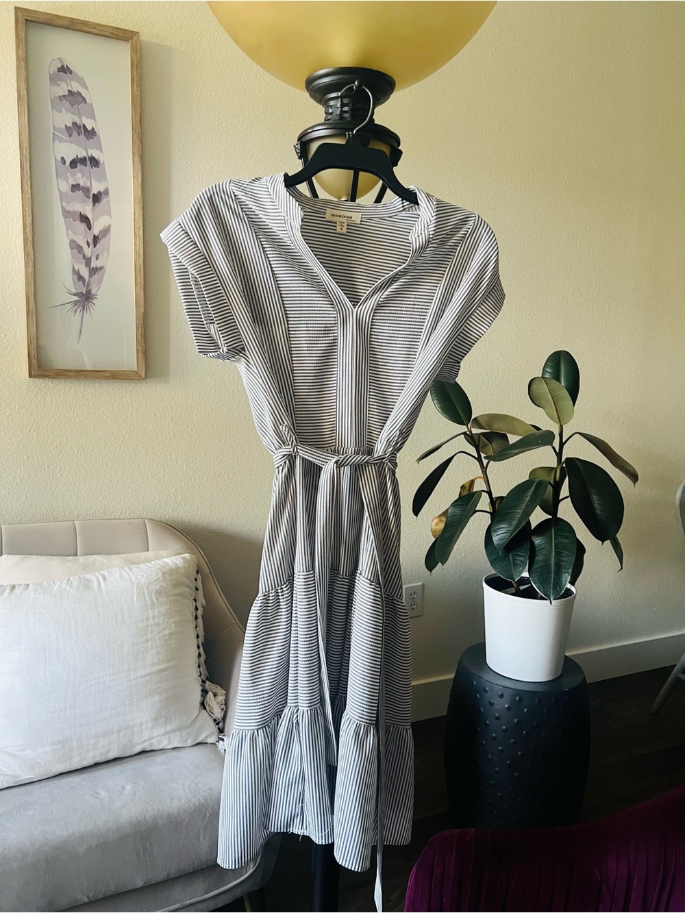 Monteau Gray and White Striped V-Neck Tie-Waist Midi Dress